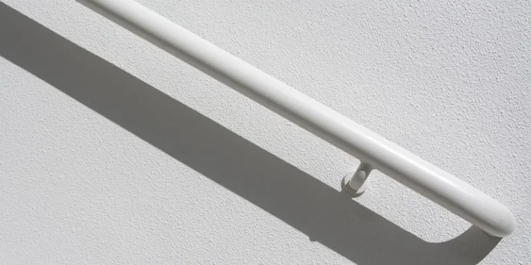 A stainless steel grab bar mounted horizontally on white subway tile above the rim of a bathtub.
