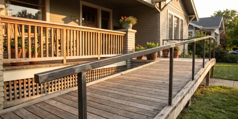 A metal handrail running the full length of a gentle wooden entry ramp beside a suburban front porch.