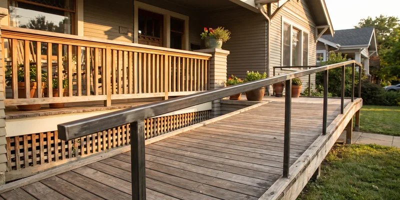 A metal handrail running the full length of a gentle wooden entry ramp beside a suburban front porch.