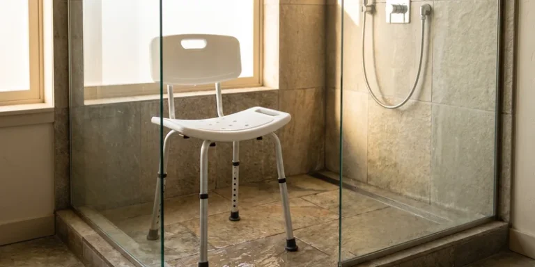A white shower chair with telescoping legs and visible adjustment pin holes standing in a tiled walk in shower.