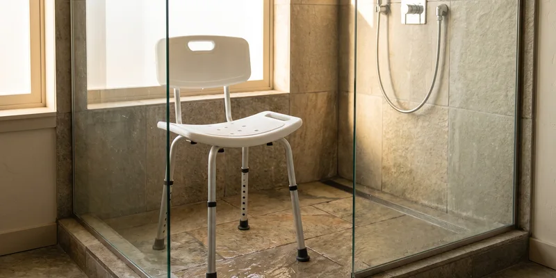 A white shower chair with telescoping legs and visible adjustment pin holes standing in a tiled walk in shower.