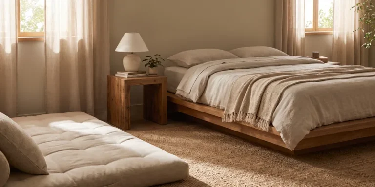 A low bed with a padded floor mat alongside it and a sturdy bedside table within easy reach in a calm bedroom.