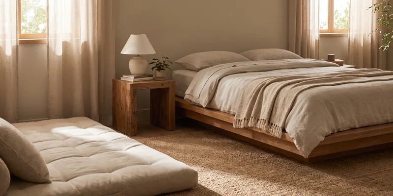 A low bed with a padded floor mat alongside it and a sturdy bedside table within easy reach in a calm bedroom.