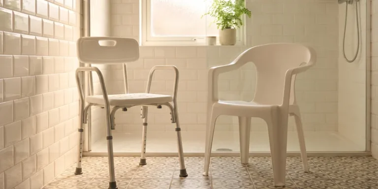 Two shower chairs side by side, one with a brushed aluminum frame and one moulded in white plastic, in a bright tiled bathroom.