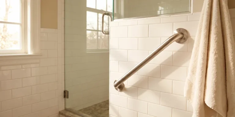 A diagonally mounted stainless steel grab bar on white tile beside the entry of a walk in shower.