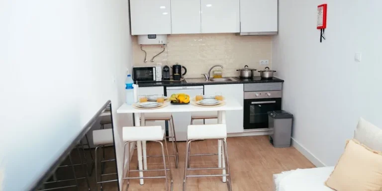 A small apartment entryway with a tension mounted floor to ceiling pole, a flat low profile rug and a slim bench in window light.