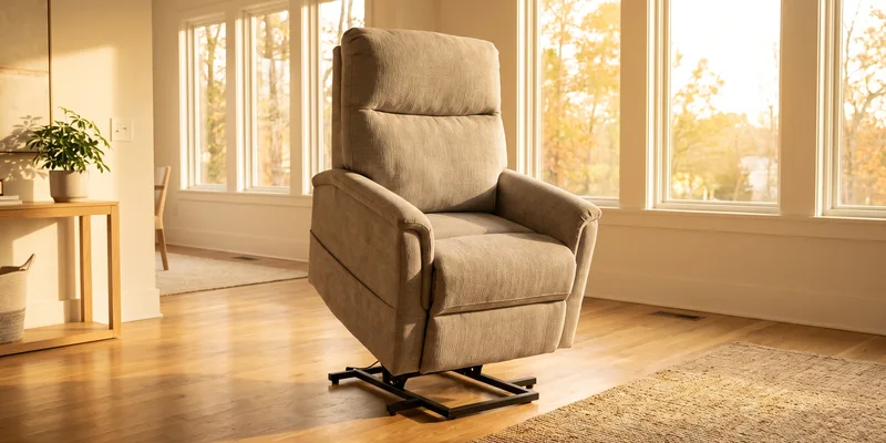A wide upholstered power lift recliner with a reinforced base standing in a spacious living room.
