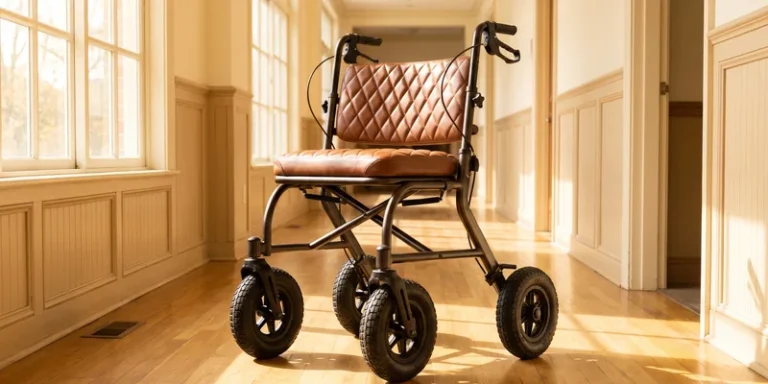 A heavy duty rollator with a wide padded seat and large wheels parked in a bright hallway.