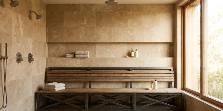 An extra wide shower bench with a heavy duty braced frame in a large tiled walk in shower.