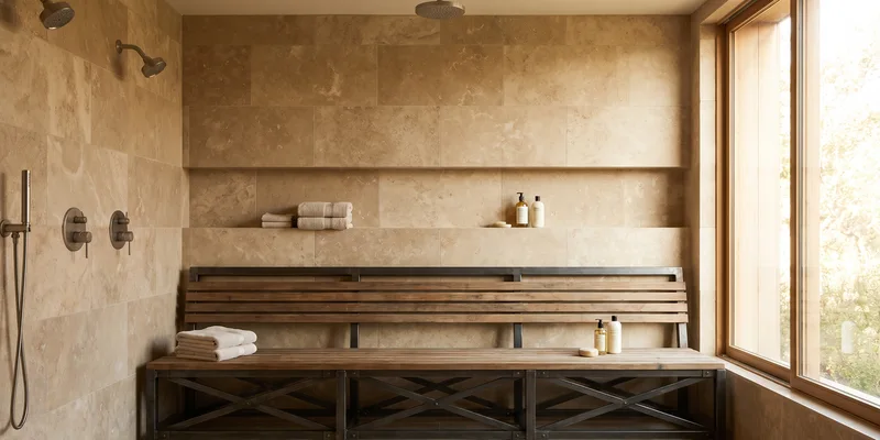 An extra wide shower bench with a heavy duty braced frame in a large tiled walk in shower.
