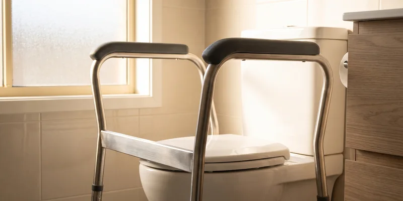 A wide steel toilet safety frame with padded arms standing around a white toilet in a bathroom.