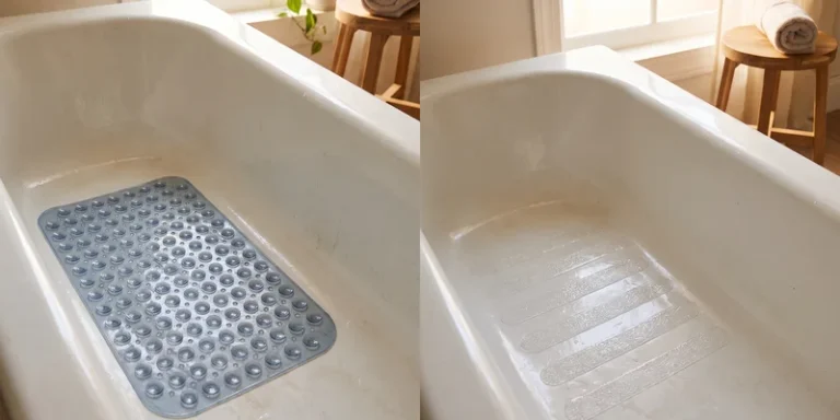 A rubber suction bath mat on one half of a tub floor and adhesive non slip treads applied on the other half.