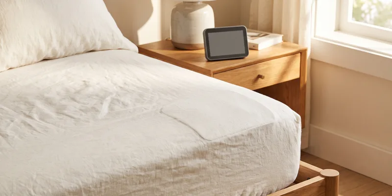 A thin pressure sensor pad under a fitted sheet at the edge of a bed with a small monitor unit on the nightstand.