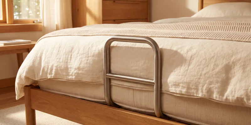 A metal bed assist handle tucked under the mattress at the side of a neatly made bed.