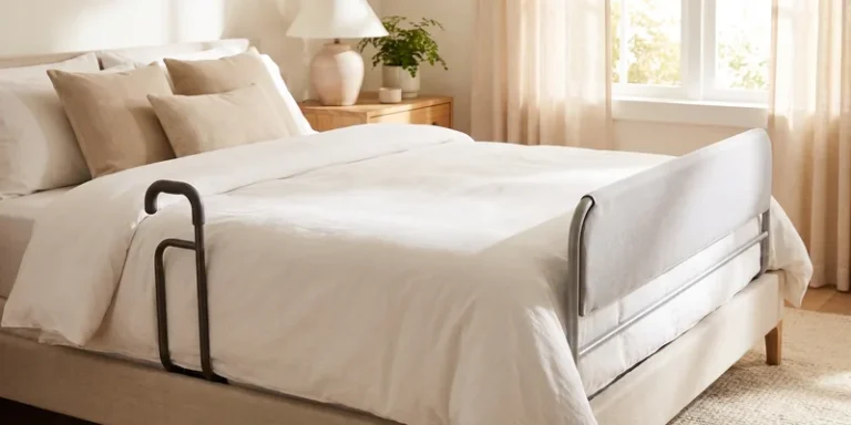 A compact bed cane handle and a longer padded bed rail placed on either side of a made bed in a bright bedroom.