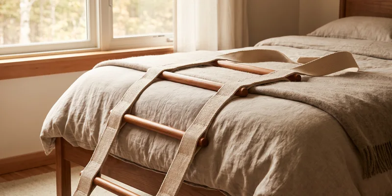 A webbing bed ladder strap with wooden rungs draped over the foot of a bed.
