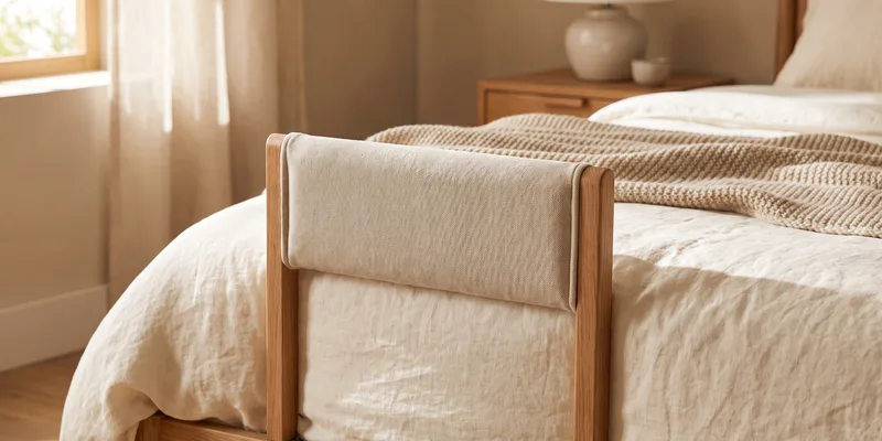 A close view of a bed rail fitted tight against the mattress edge with no gap, in a softly lit bedroom.