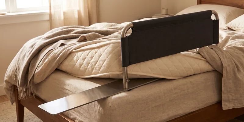 A bed rail with its flat steel plate sliding under a lifted mattress corner.