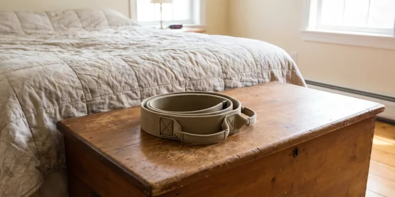 A canvas gait belt with webbing handles coiled on a blanket chest at the foot of a bed.