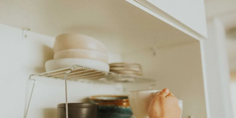 A long handled reacher grabber leaning against a kitchen counter below an open upper cabinet.