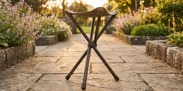 A folding seat cane opened into its tripod seat position on a paved garden path.