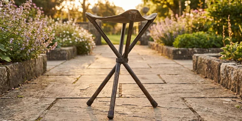 A folding seat cane opened into its tripod seat position on a paved garden path.