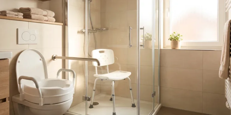 An assortment of bathroom safety products, a shower chair, a raised toilet seat and a grab bar, arranged in a bright bathroom.