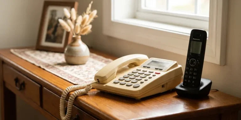 An amplified corded phone and a cordless handset together on a hall table.