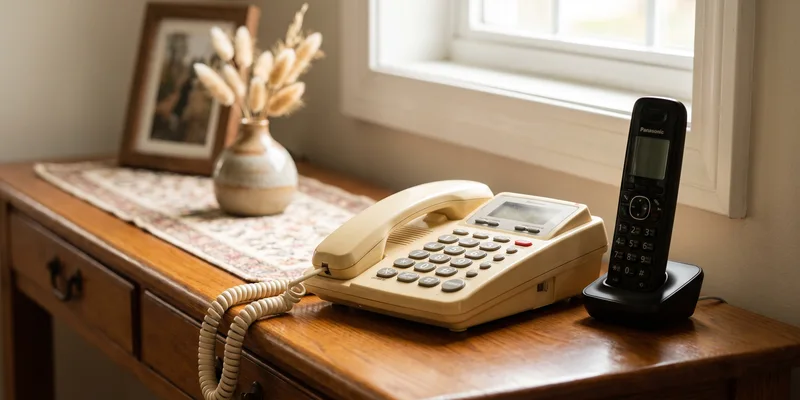 An amplified corded phone and a cordless handset together on a hall table.