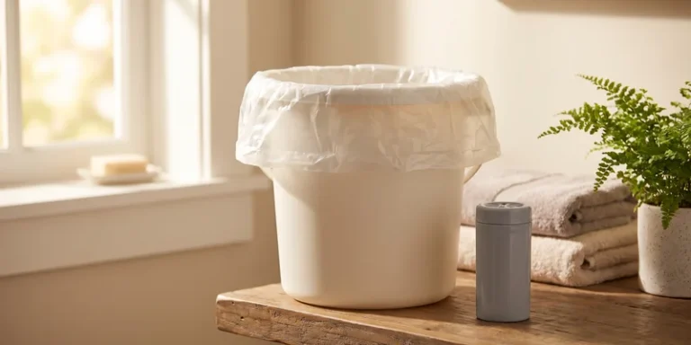 A commode bucket with a disposable liner and a small odor control canister on a bathroom shelf.