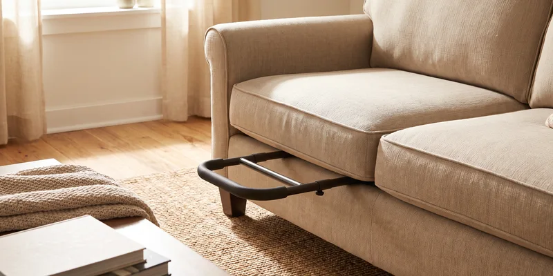 A stand assist rail wedged under a sofa cushion beside the armrest in a living room.