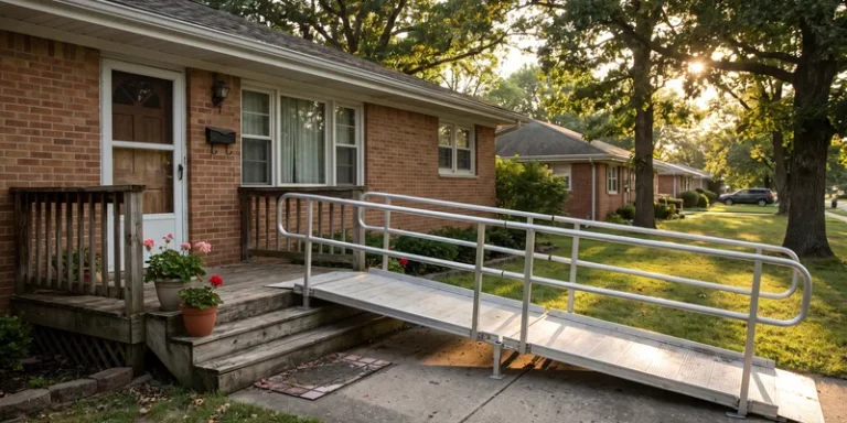 An aluminum ramp installed over the front steps of a modest suburban house.