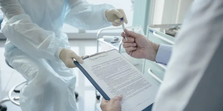 A clipboard with a form handed over in a clinical setting.