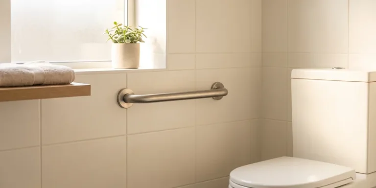 A stainless steel grab bar mounted beside a toilet on a pale tiled bathroom wall.