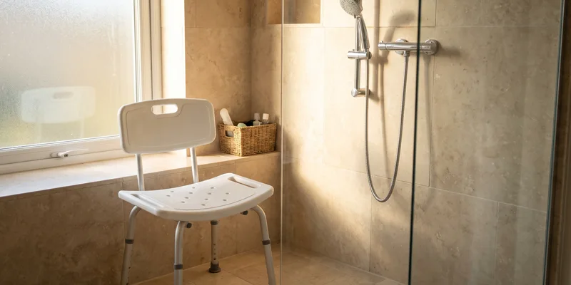 A shower chair standing in a home walk in shower with a handheld shower head on its slide rail.