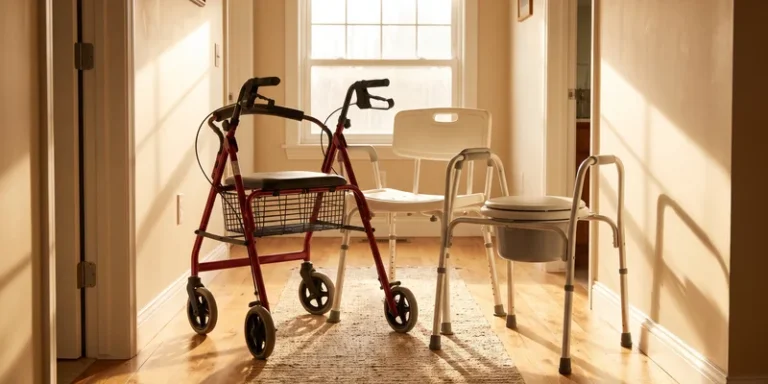 A rollator, a shower chair and a bedside commode grouped together in a bright home hallway.