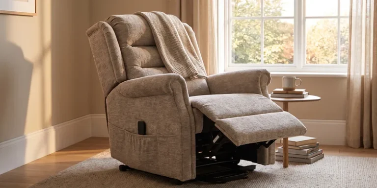A lift recliner with the footrest raised and the backrest tilted independently in a living room.