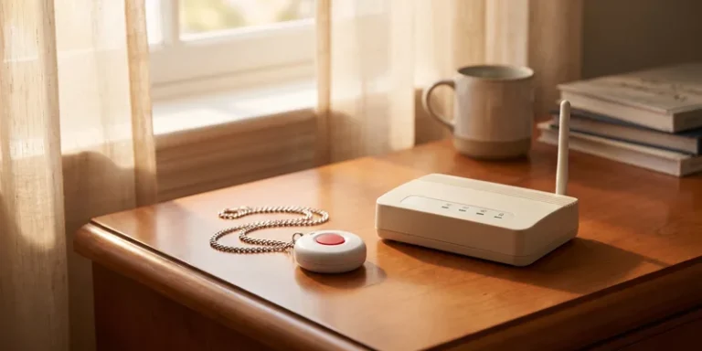 A wearable pendant alarm and its home base unit resting on a bedroom dresser.