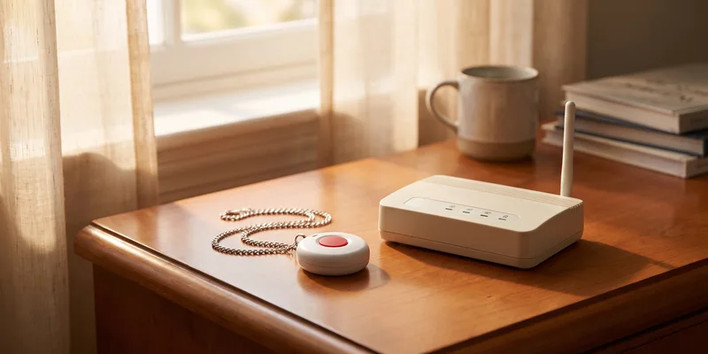 A wearable pendant alarm and its home base unit resting on a bedroom dresser.