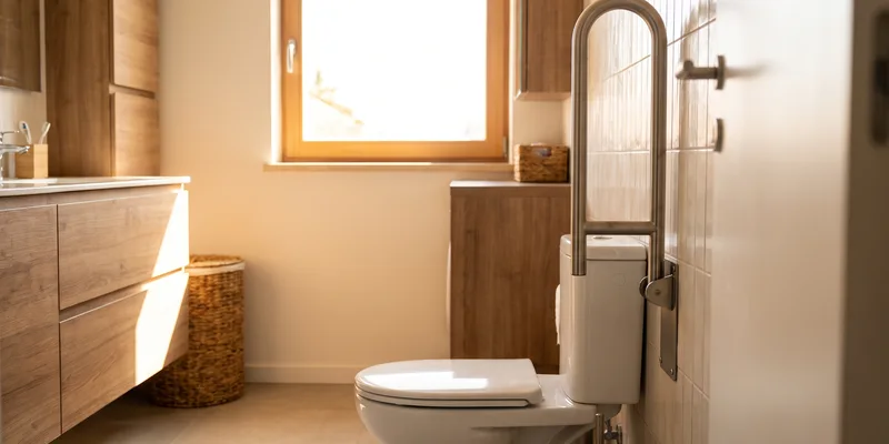 A flip up grab bar in the raised position mounted on the wall beside a toilet.