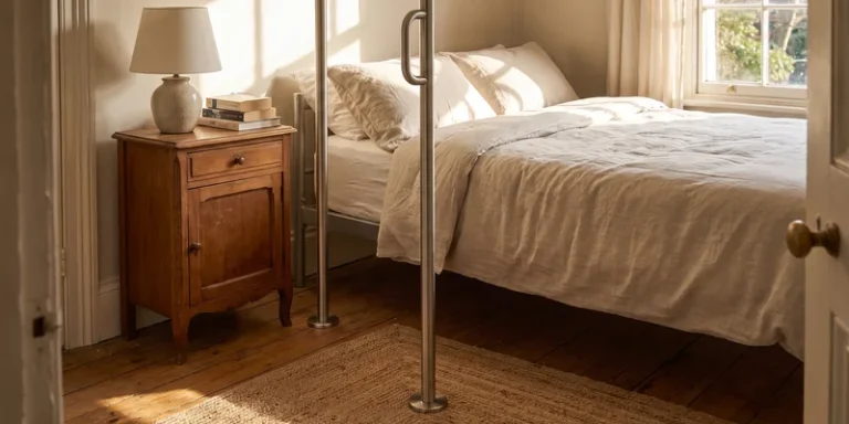 A floor to ceiling grab pole installed beside a bed in a bedroom with a wooden floor.