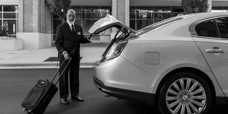 A case being lifted into the open trunk of a car.