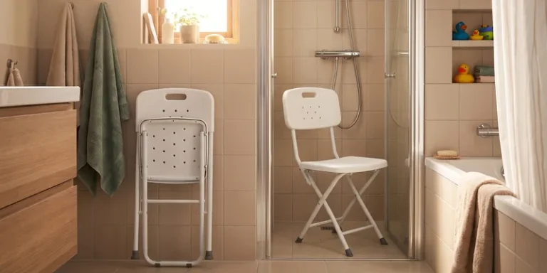 A folding shower chair set up in a shared family bathroom with a second chair folded flat against the wall.
