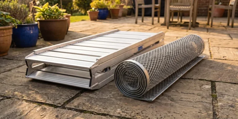 A folding aluminum ramp and a rolled up mesh ramp resting side by side on a patio.