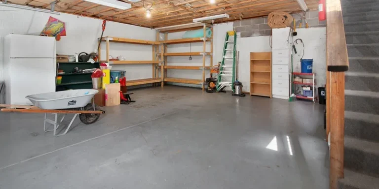 A tidy garage with a well lit stairway, a handrail and shelving within easy reach.