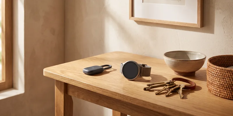 A small GPS tracker fob and a watch style tracker on a hallway table beside a set of keys.