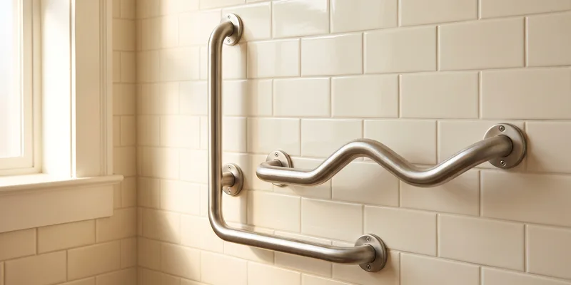 A straight bar, an L shaped bar and a wave shaped grab bar mounted together on a tiled bathroom wall.