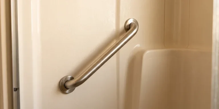 A grab bar mounted on the moulded wall of a fiberglass shower surround.