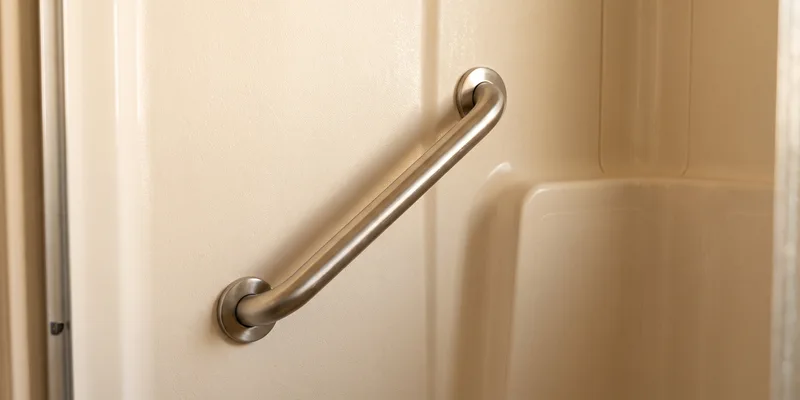 A grab bar mounted on the moulded wall of a fiberglass shower surround.