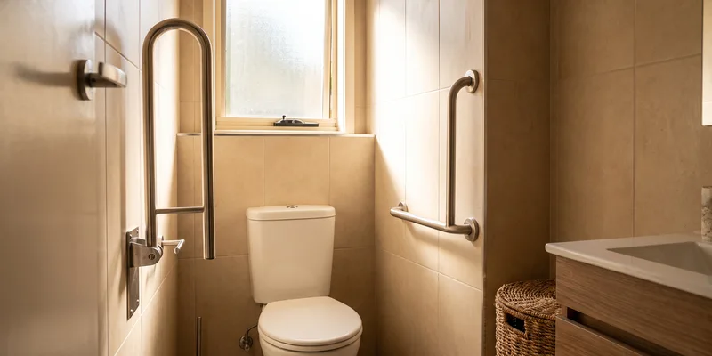 A swing up grab bar and a fixed wall bar flanking a toilet in a small bathroom.